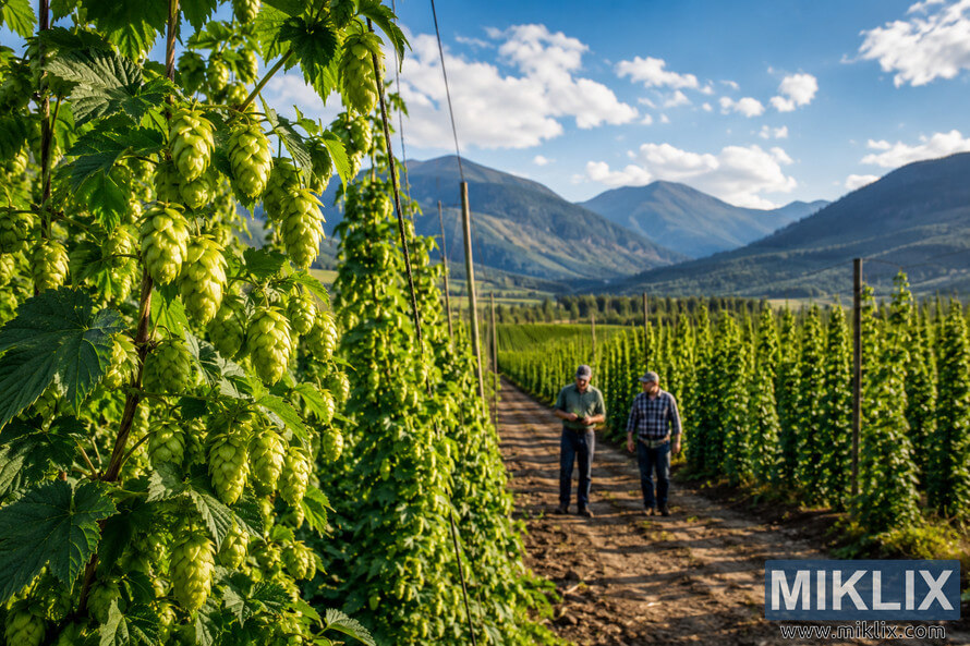 Farmers walking through vibrant Golding hop fields in British Columbia with green trellised vines, mountain scenery, and warm afternoon sunlight under a blue sky. Farmers walking through vibrant Golding hop fields in British Columbia with green trellised vines, mountain scenery, and warm afternoon sunlight under a blue sky.