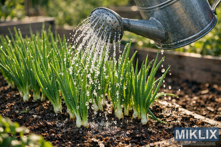 A metal watering can gently pours water over a row of green scallions growing in rich soil in a sunlit garden bed.