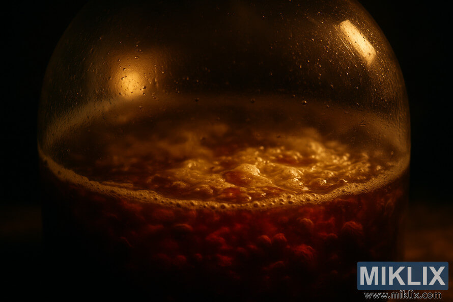 Glasfermentasievat wat gloei met warrelende amber bier binne.