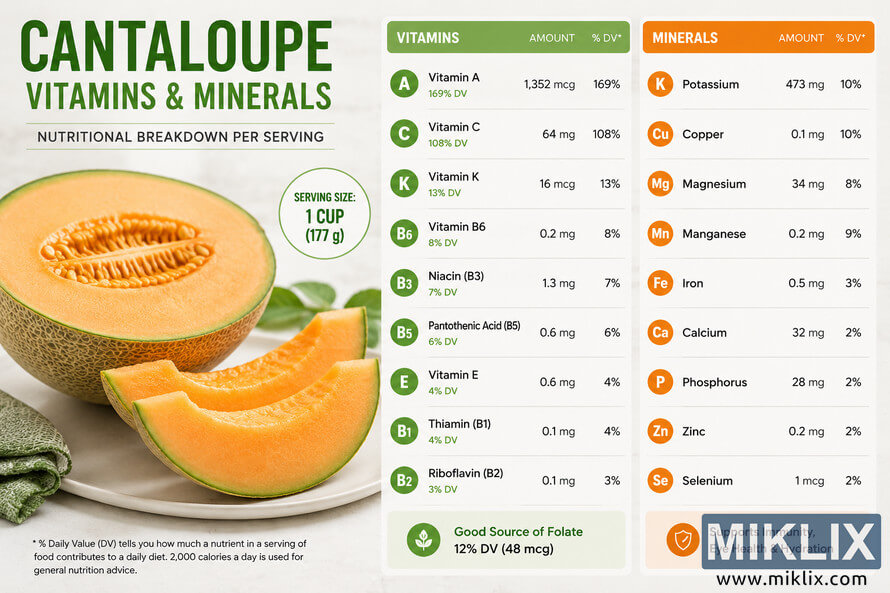Landscape infographic showing a cantaloupe nutritional breakdown per serving, featuring sliced cantaloupe alongside charts listing vitamins and minerals with amounts and daily value percentages. Landscape infographic showing a cantaloupe nutritional breakdown per serving, featuring sliced cantaloupe alongside charts listing vitamins and minerals with amounts and daily value percentages.