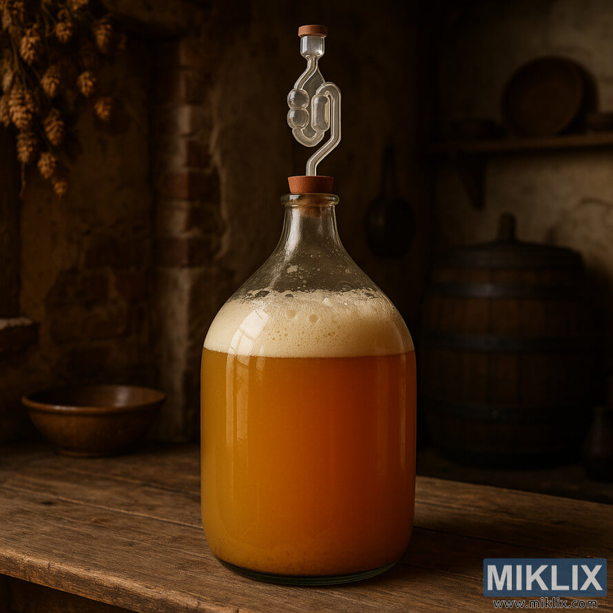 Glass carboy na may fermenting Belgian Witbier sa isang kahoy na mesa sa isang rustikong Belgian na homebrewing na kapaligiran na may pinatuyong hops at isang oak barrel sa background. Glass carboy na may fermenting Belgian Witbier sa isang kahoy na mesa sa isang rustikong Belgian na homebrewing na kapaligiran na may pinatuyong hops at isang oak barrel sa background.