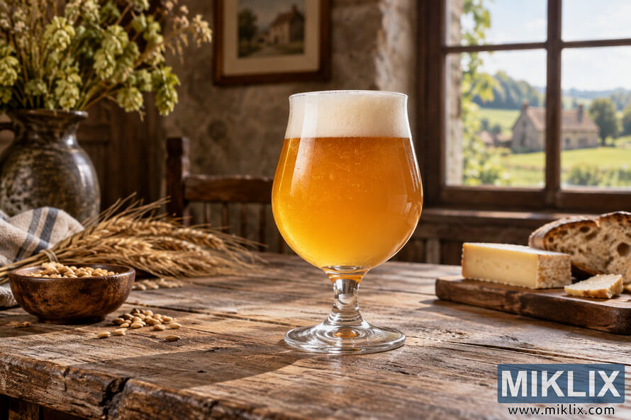 Golden farmhouse ale in a stemmed glass on a rustic wooden table with grain, cheese and bread beside a sunlit country window. Golden farmhouse ale in a stemmed glass on a rustic wooden table with grain, cheese and bread beside a sunlit country window.