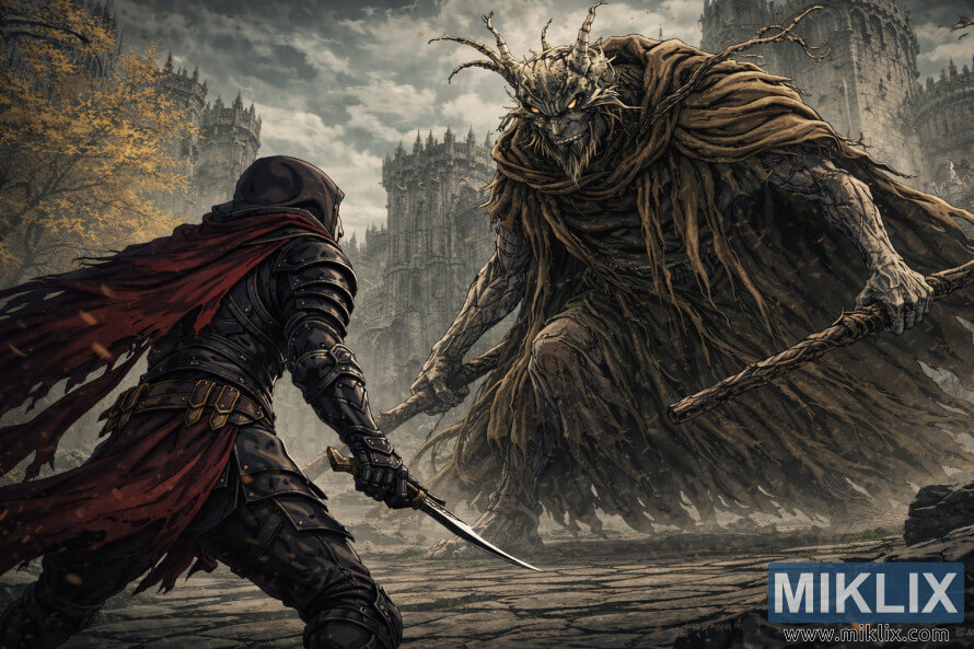 Anime style fantasy artwork of a black-armored warrior seen from behind facing a towering horned boss in a ruined gothic castle courtyard before battle.