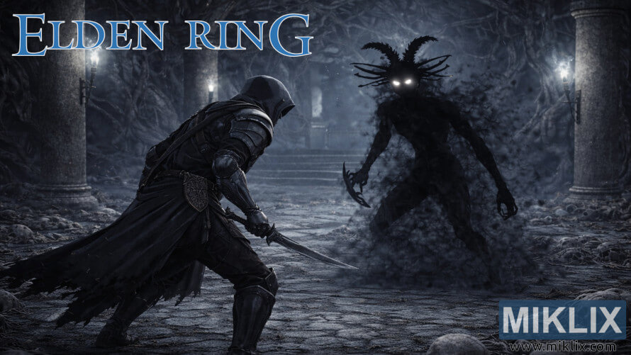 Fan art di Elden Ring che raffigura un giocatore con l'armatura del Coltello Nero che combatte contro l'Ombra del Cimitero nelle Catacombe di Caelid