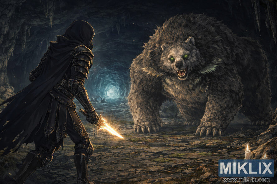 Gambar fan art bergaya anime yang menampilkan seorang prajurit berzirah berkerudung menghadapi beruang raksasa bermata bercahaya di dalam gua fantasi gelap sesaat sebelum pertempuran.