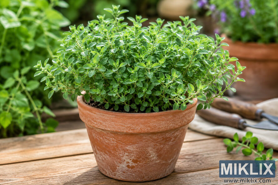 Photorealistic marjoram herb plant growing in a weathered terracotta pot on a rustic wooden garden table, surrounded by soft-focus greenery and gardening tools in natural daylight.