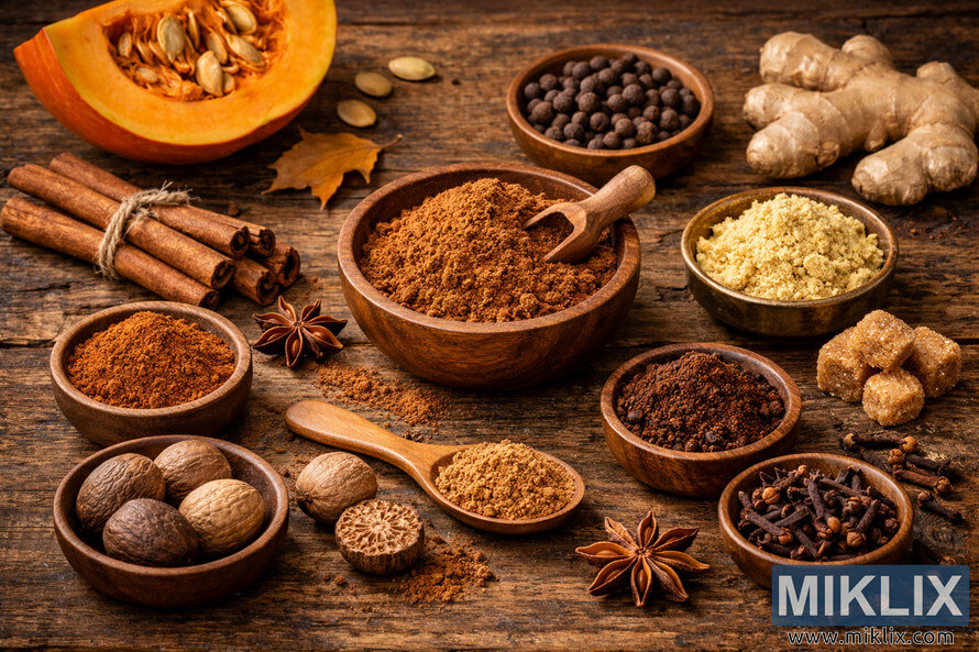 A rustic wooden table covered with individual pumpkin spice ingredients including cinnamon sticks, nutmeg, ginger, cloves, star anise, and a halved pumpkin arranged around a central bowl of ground spice mix.