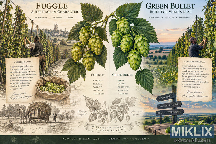 Landscape vintage botanical illustration comparing traditional Fuggle hops with modern Green Bullet hops, featuring hop cones, leaves, historic and contemporary hop fields, harvest scenes, and heritage-inspired typography. Landscape vintage botanical illustration comparing traditional Fuggle hops with modern Green Bullet hops, featuring hop cones, leaves, historic and contemporary hop fields, harvest scenes, and heritage-inspired typography.