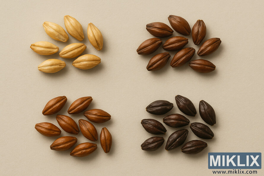 Posnetek od blizu zrn slada za pale ale, jantarno barvo, temni kristal in milo ale, razporejenih na nevtralnem ozadju.