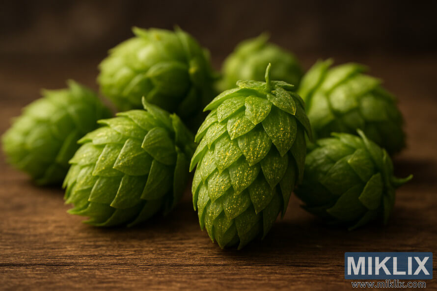 Posnetek sveÅ¾ega hmelja sorte Furano Ace na leseni povrÅ¡ini z zlatim lupulinom od blizu.