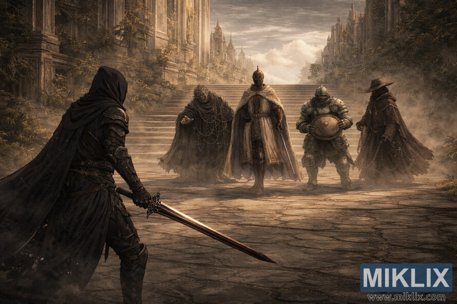 Semi-realistic dark fantasy scene of the Tarnished with a sword facing Leda, Hornsent, Moore, and Dryleaf Dane in the ruins of Enir-Ilim before battle.