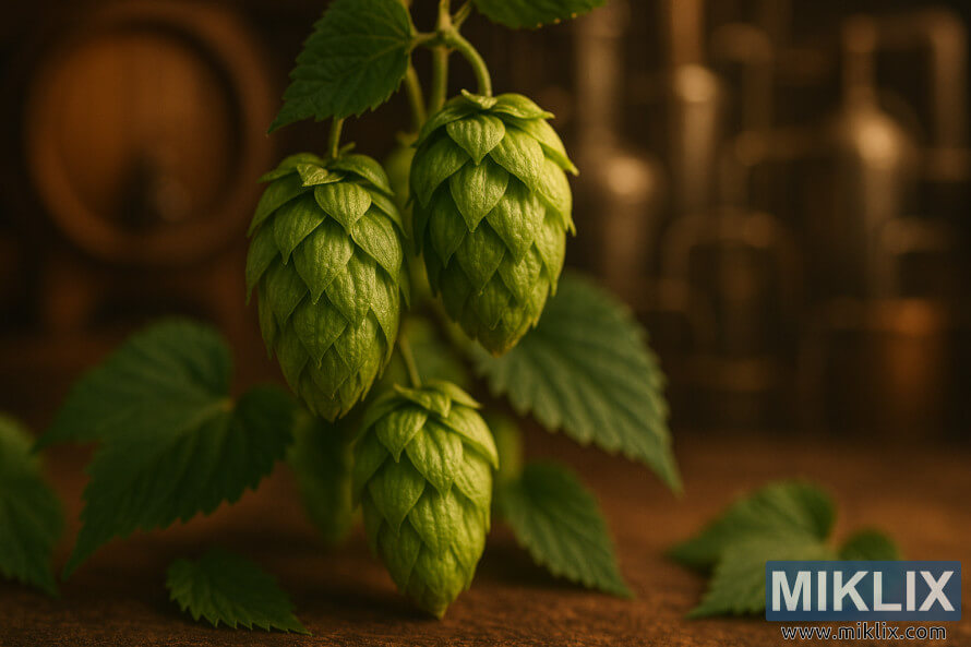 Close-up of Neoplanta hop cones with warm lighting and blurred brewing background