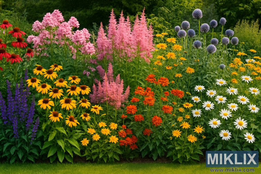 Bordure de jardin colorÃ©e avec des astilbes, des chardons globe, des Ã©chinacÃ©es, des marguerites et des Susans aux yeux noirs en fleurs.