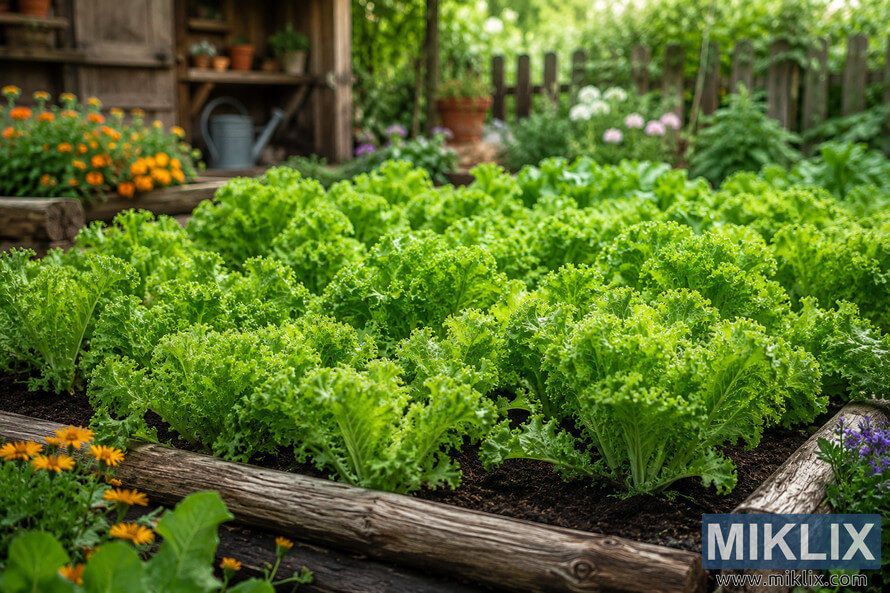 Curly endive plants flourishing in a rustic raised vegetable garden with weathered wooden borders, colorful flowers, terracotta pots, and a cozy wooden shed softly blurred in the background under natural daylight. Curly endive plants flourishing in a rustic raised vegetable garden with weathered wooden borders, colorful flowers, terracotta pots, and a cozy wooden shed softly blurred in the background under natural daylight.