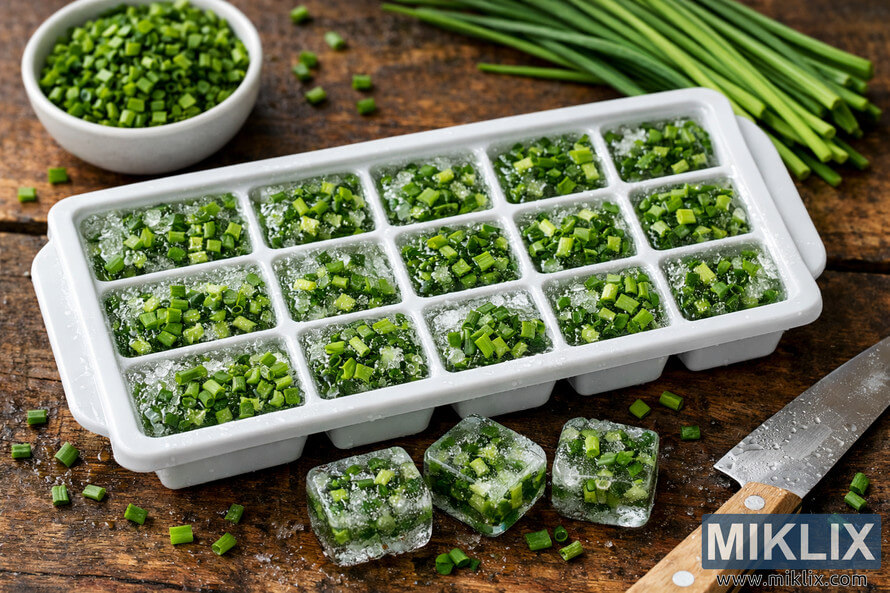 A white ice cube tray filled with chopped green chives submerged in water, placed on a rustic wooden surface with a knife, fresh chives, and a small bowl of chopped herbs nearby. A white ice cube tray filled with chopped green chives submerged in water, placed on a rustic wooden surface with a knife, fresh chives, and a small bowl of chopped herbs nearby.