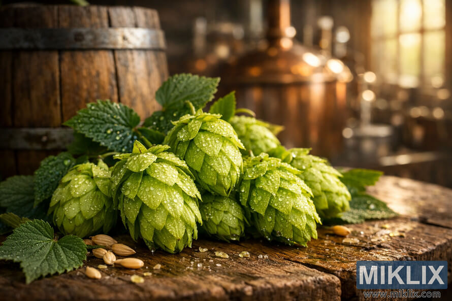 Close-up of fresh Styrian Gold hops covered in morning dew on a rustic wooden table, with a brewing barrel and softly blurred copper kettles glowing in warm brewery light. Close-up of fresh Styrian Gold hops covered in morning dew on a rustic wooden table, with a brewing barrel and softly blurred copper kettles glowing in warm brewery light.