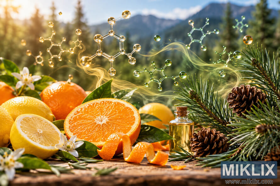 Landscape visualization of aromatic compounds with fresh oranges and lemons, citrus blossoms, pine branches and cones, an unbranded glass vial of golden oil, and translucent molecular structures floating through sunlit fragrance-like vapor against a mountain forest. Landscape visualization of aromatic compounds with fresh oranges and lemons, citrus blossoms, pine branches and cones, an unbranded glass vial of golden oil, and translucent molecular structures floating through sunlit fragrance-like vapor against a mountain forest.