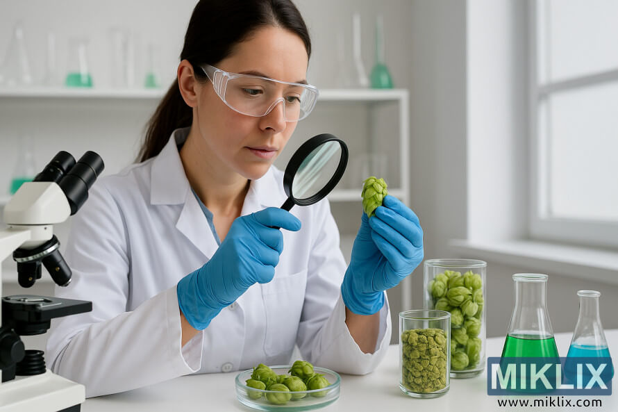 Scientist in a lab coat using a magnifying glass to inspect a hop cone on a laboratory table.