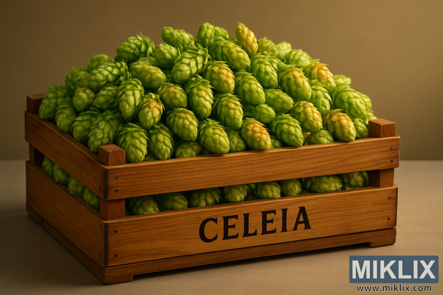 Sebuah peti kayu yang terang penuh dengan kon hop Celeia yang segar dan segar di atas permukaan studio yang digilap.