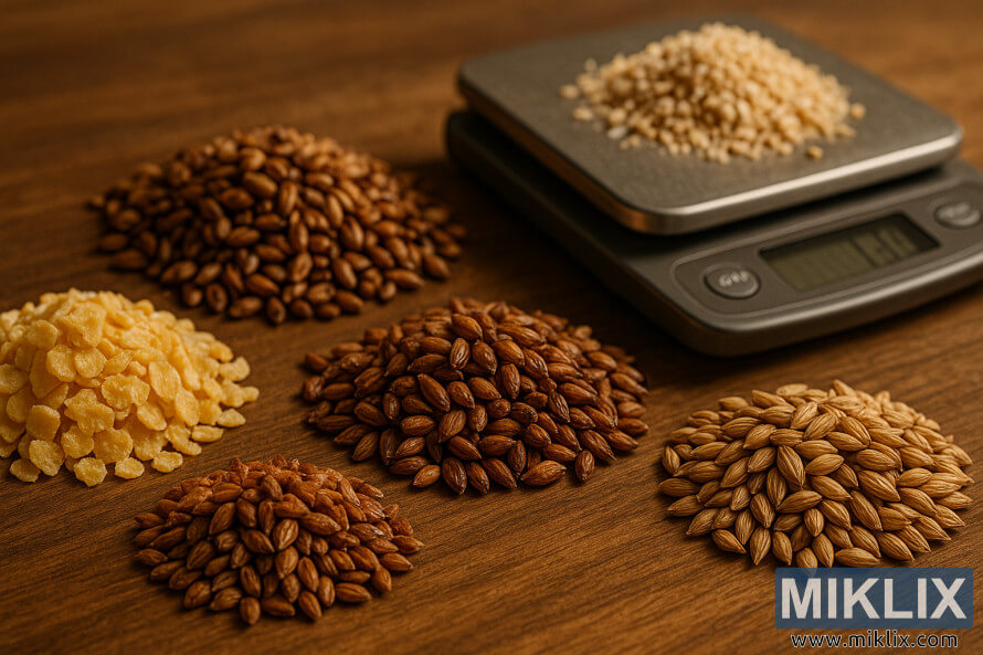 Närbild av spannmålsnota med flingor av majs, kristallmalt och blek malt på trä under varmt ljus. Närbild av spannmålsnota med flingor av majs, kristallmalt och blek malt på trä under varmt ljus.