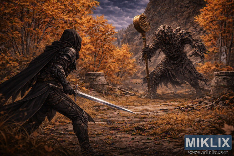 Anime-stiilis Elden Ringi fÃ¤nnikunst, mis nÃ¤itab vasakul asuvat Tarnishedit laia vaadet, mÃµÃµk on suunatud Erdtree avatari poole Liurnia sÃ¼giseste varemete keskel.