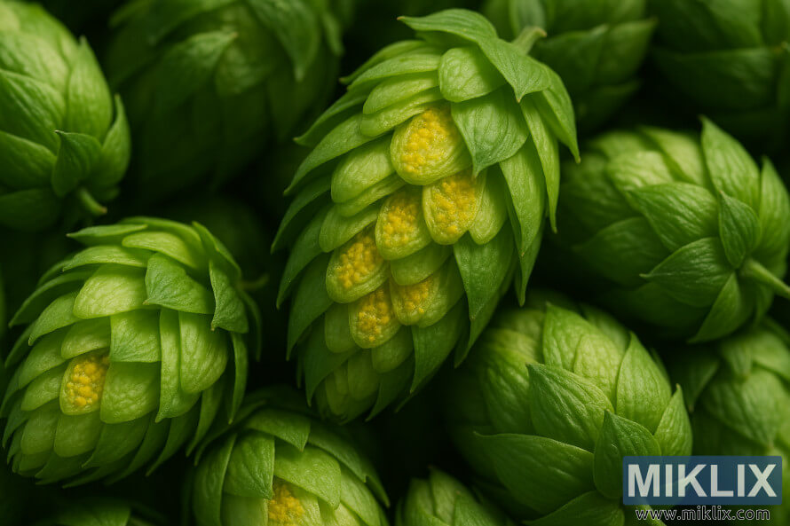 Close-up de cones de lÃºpulo recÃ©m-colhidos com glÃ¢ndulas de lupulina amarelas brilhantes em meio a brÃ¡cteas verdes suaves, textura Ãºmida e luz difusa.