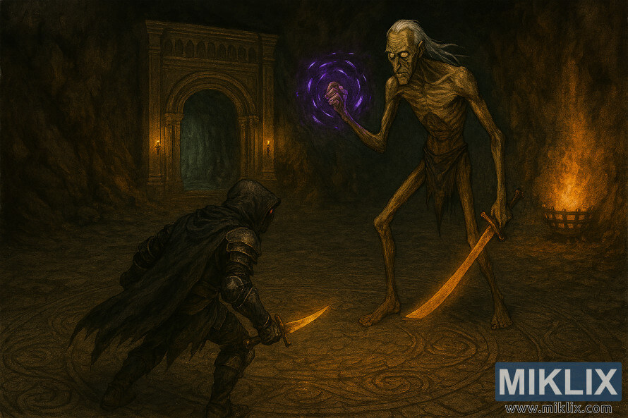 Semi-realistic isometric illustration of the Tarnished in Black Knife armor battling a towering Onyx Lord in Elden Ring's Sealed Tunnel Semi-realistic isometric illustration of the Tarnished in Black Knife armor battling a towering Onyx Lord in Elden Ring's Sealed Tunnel