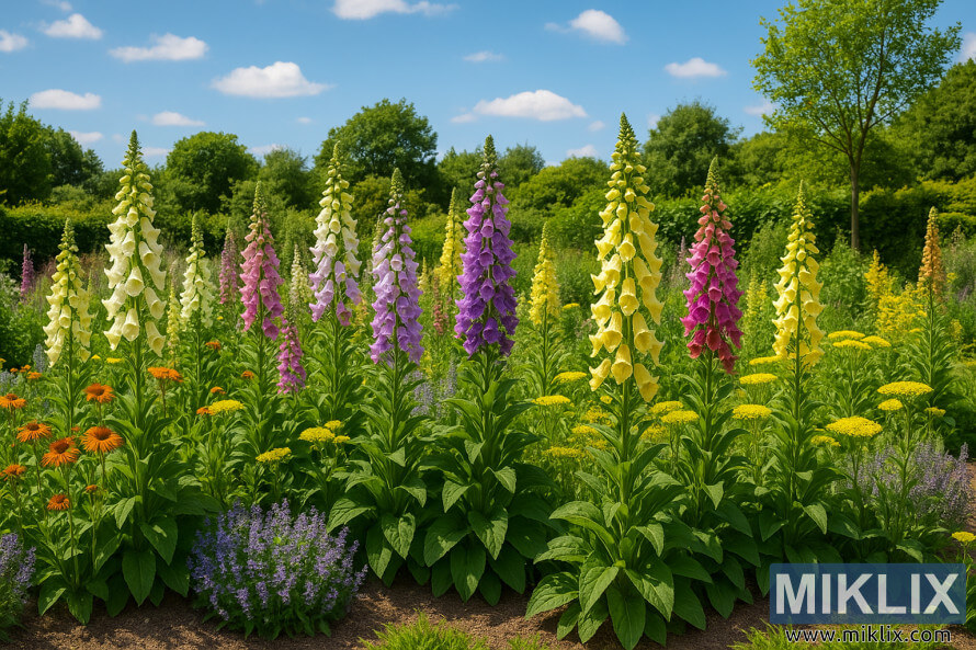 Une scÃ¨ne de jardin vibrante mettant en vedette de grandes variÃ©tÃ©s de digitales dans des tons de blanc, jaune, rose et violet, mÃ©langÃ©es Ã  des plantes compagnes comme lâachillÃ©e, la menthe Ã  chat et les Ã©chinacÃ©es, sous un soleil Ã©clatant dâÃ©tÃ©.