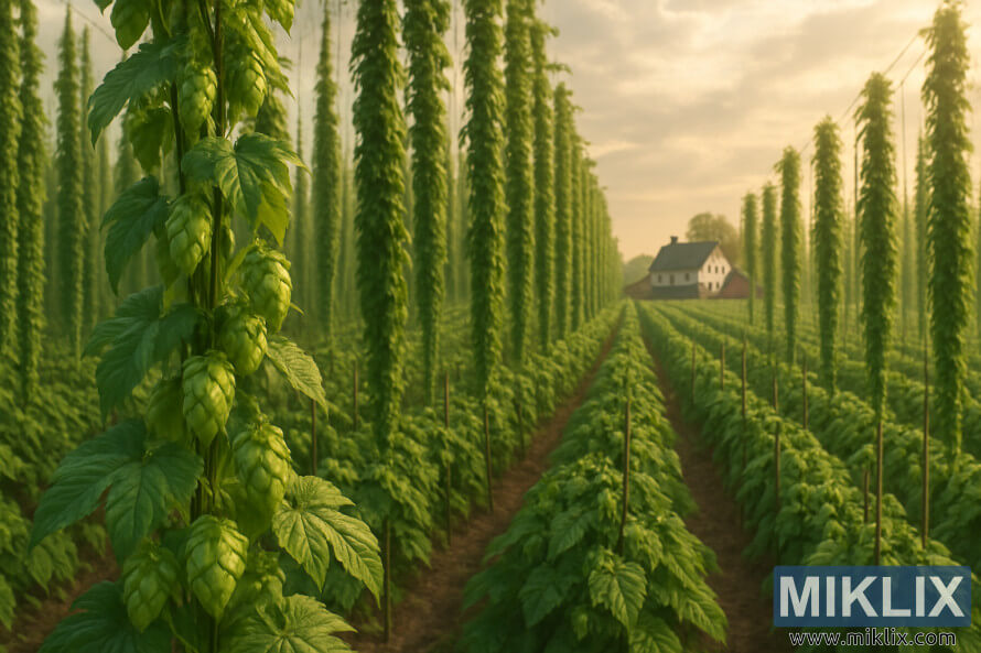 Deretan tanaman hop kasmir yang menjulang tinggi di bawah sinar matahari keemasan dengan rumah pertanian di kejauhan.