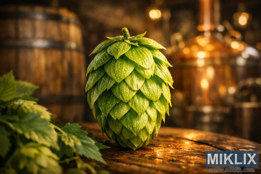 Close-up of a vibrant green hop cone with warm golden light in a rustic brewery background featuring blurred wooden barrels and copper kettles. Close-up of a vibrant green hop cone with warm golden light in a rustic brewery background featuring blurred wooden barrels and copper kettles.