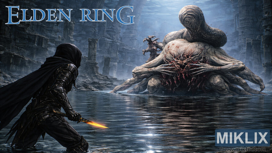 Fan art of the Tarnished in Black Knife armor standing in shallow water, facing the massive Metyr, Mother of Fingers, in the Finger Ruins of Miyr from Elden Ring: Shadow of the Erdtree. Fan art of the Tarnished in Black Knife armor standing in shallow water, facing the massive Metyr, Mother of Fingers, in the Finger Ruins of Miyr from Elden Ring: Shadow of the Erdtree.