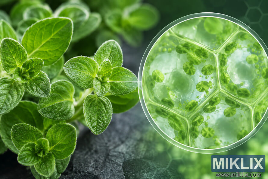 Fresh green marjoram leaves in a high-resolution macro botanical scene beside a magnified visualization of healthy plant cells and chloroplast structures, symbolizing natural wellness, vitality, and cellular health. Fresh green marjoram leaves in a high-resolution macro botanical scene beside a magnified visualization of healthy plant cells and chloroplast structures, symbolizing natural wellness, vitality, and cellular health.