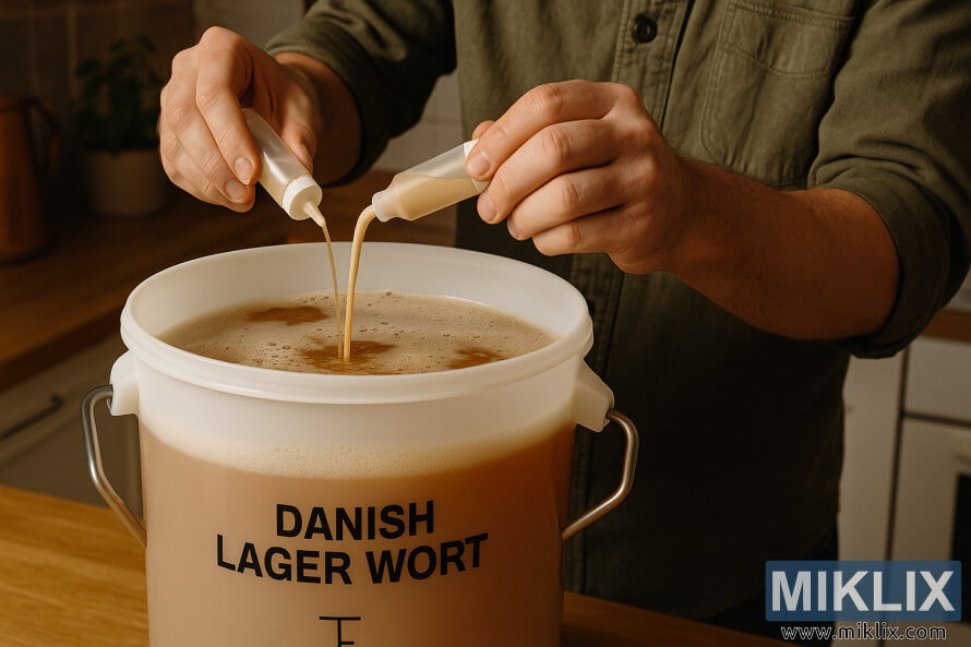 Homebrewer pouring liquid yeast from two squeeze tubes into a fermentation vessel of Danish lager wort. Homebrewer pouring liquid yeast from two squeeze tubes into a fermentation vessel of Danish lager wort.