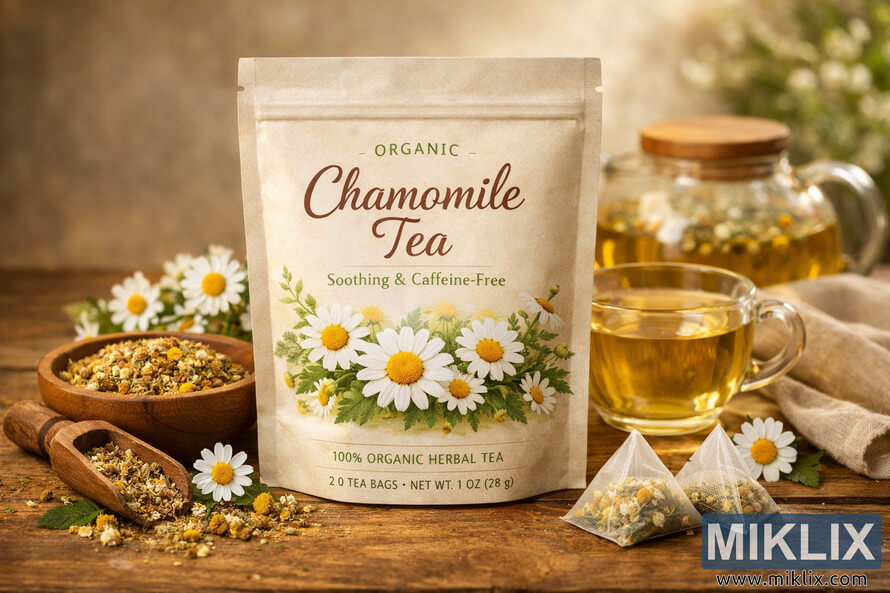 Premium organic chamomile tea package on a rustic wooden surface surrounded by chamomile flowers, loose tea, and a glass cup of golden chamomile tea.