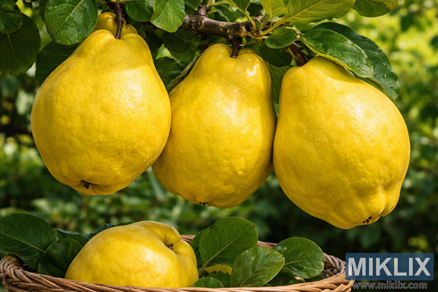 High-resolution landscape photo of Cooke's Jumbo quince variety showing three extra-large golden quinces hanging from a tree branch with green leaves and one resting in a wicker basket below.
