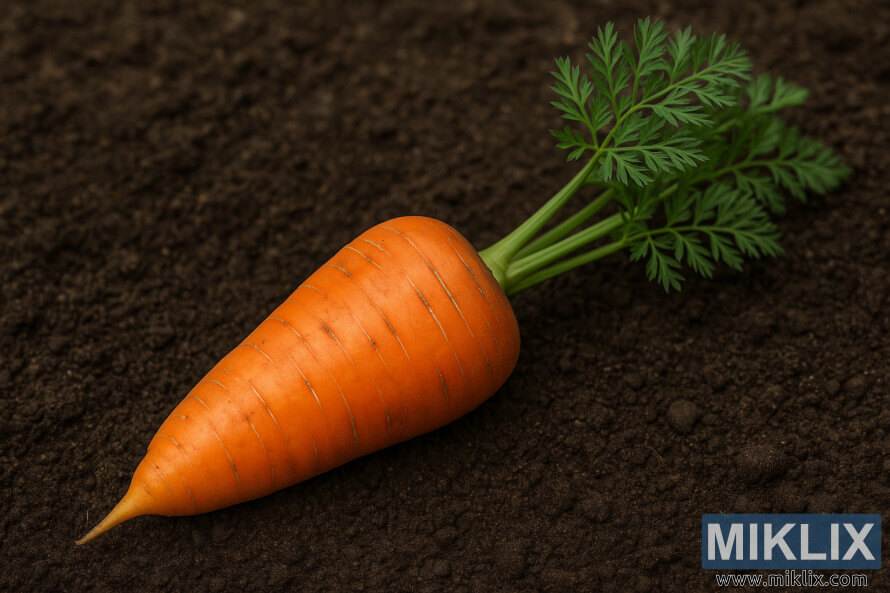 Una zanahoria Chantenay de hombros anchos y hojas verdes que descansa sobre suelo oscuro.