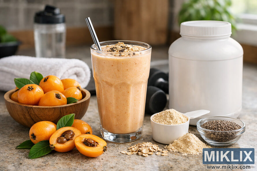 Landscape photo of a pale orange loquat protein recovery shake in a tall glass on a light stone kitchen countertop, topped with oats and chia seeds, with a stainless steel straw. To the left, a wooden bowl holds ripe orange-yellow loquats with green leaves, and halved loquats with glossy brown seeds are arranged on the counter. To the right, a large plain white protein powder container, a white scoop with spilled powder, small bowls of protein powder, chia seeds, and oats are displayed. In the softly blurred background, a rolled white workout towel, black dumbbells, a clear water bottle, and a potted plant in a modern kitchen complete the post-workout recovery scene.