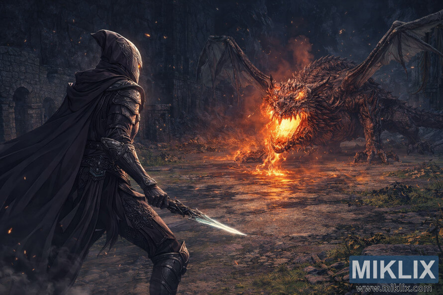 TÃ¡c pháº©m nghá» thuáº­t theo phong cÃ¡ch anime do ngÆ°á»i hÃ¢m má» váº½, mÃ´ táº£ Tarnished trong bá» giÃ¡p Black Knife Äang tháº­n trá»ng Äá»i máº·t vá»i Magma Wyrm Makar táº¡i Ruin-Strewn Precipice, chá» vÃ i khoáº£nh kháº¯c trÆ°á»c khi tráº­n chiáº¿n báº¯t Äáº§u.