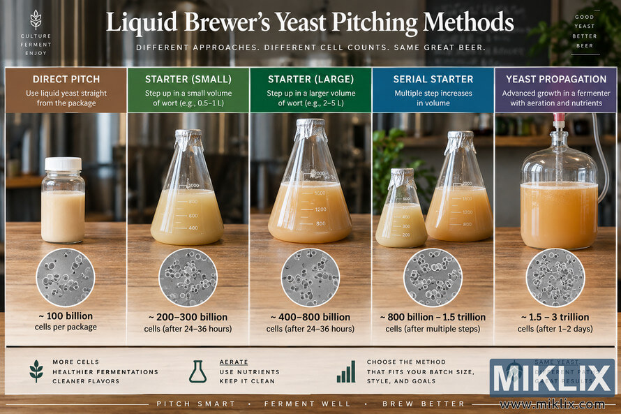 Infographic comparing five liquid brewerâs yeast pitching methods, from direct pitch to propagation, with vessels, yeast-cell images, and estimated cell counts.