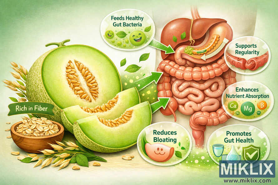 Illustration of honeydew melon, oats, and human digestive system showing fiber benefits for gut health, regularity, nutrient absorption, and reduced bloating. Illustration of honeydew melon, oats, and human digestive system showing fiber benefits for gut health, regularity, nutrient absorption, and reduced bloating.