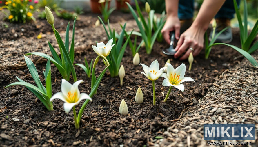 Lys blancs dans le sol avec des feuilles vertes et des mains qui sâoccupent du jardin.
