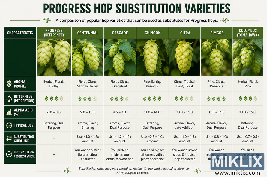 Detailed infographic comparing Progress hops with Centennial, Cascade, Chinook, Citra, Simcoe, and Columbus (Tomahawk) hop varieties. The chart includes photographs of hop cones, aroma profiles, bitterness ratings, alpha acid percentages, typical brewing uses, substitution guidelines, and recommendations for selecting alternatives to Progress hops. Detailed infographic comparing Progress hops with Centennial, Cascade, Chinook, Citra, Simcoe, and Columbus (Tomahawk) hop varieties. The chart includes photographs of hop cones, aroma profiles, bitterness ratings, alpha acid percentages, typical brewing uses, substitution guidelines, and recommendations for selecting alternatives to Progress hops.