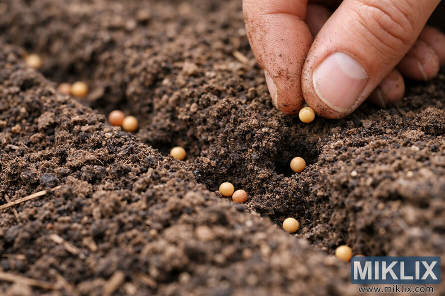Close-up of a hand placing mustard seeds at proper depth in rich brown garden soil with neat planting rows.