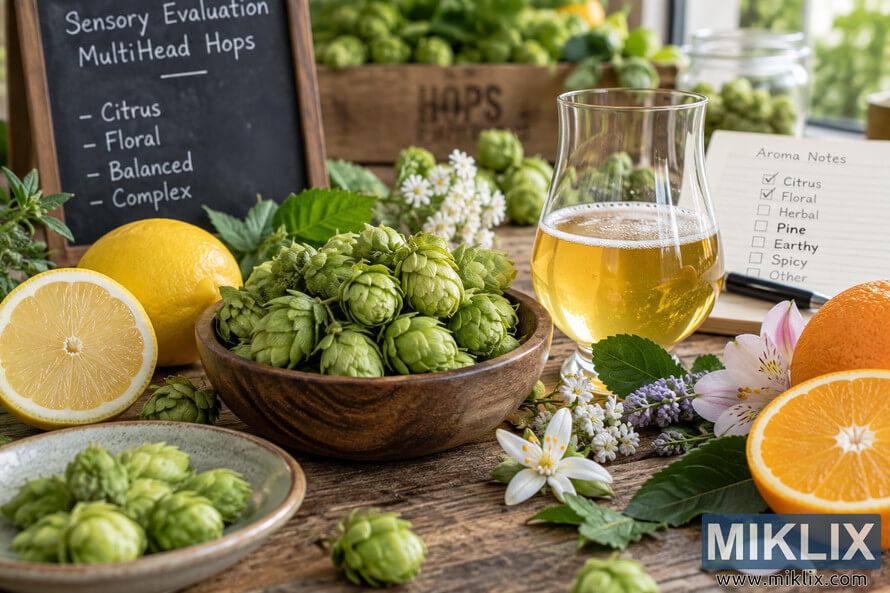 Landscape still life of fresh green MultiHead hop cones beside a golden tasting glass, lemons, oranges, flowers, herbs, a sensory evaluation chalkboard, and an aroma notes sheet with citrus and floral characteristics checked. Landscape still life of fresh green MultiHead hop cones beside a golden tasting glass, lemons, oranges, flowers, herbs, a sensory evaluation chalkboard, and an aroma notes sheet with citrus and floral characteristics checked.