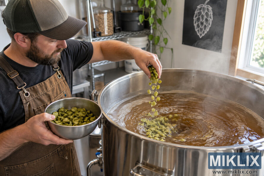 Homebrewer adding green Columbus hops by hand to swirling amber wort in a large stainless-steel brewing kettle during the whirlpool stage of a homebrew session. Homebrewer adding green Columbus hops by hand to swirling amber wort in a large stainless-steel brewing kettle during the whirlpool stage of a homebrew session.