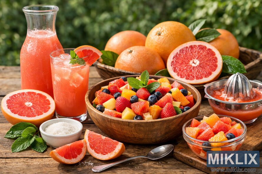 Vars geoeste pomelo's met pienk pomelosap en 'n kleurvolle vrugteslaai wat buite op 'n houttafel uitgestal word. Vars geoeste pomelo's met pienk pomelosap en 'n kleurvolle vrugteslaai wat buite op 'n houttafel uitgestal word.