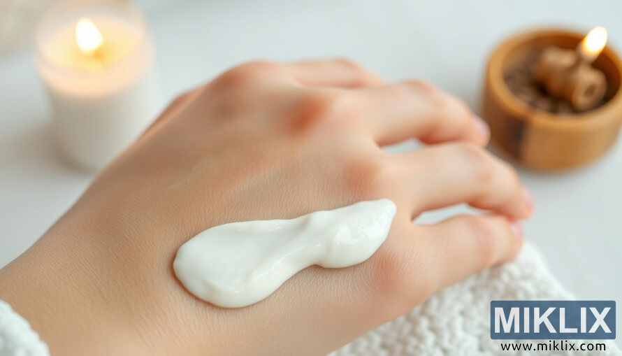Close-up of glowing skin with freshly applied creamy yogurt mask.