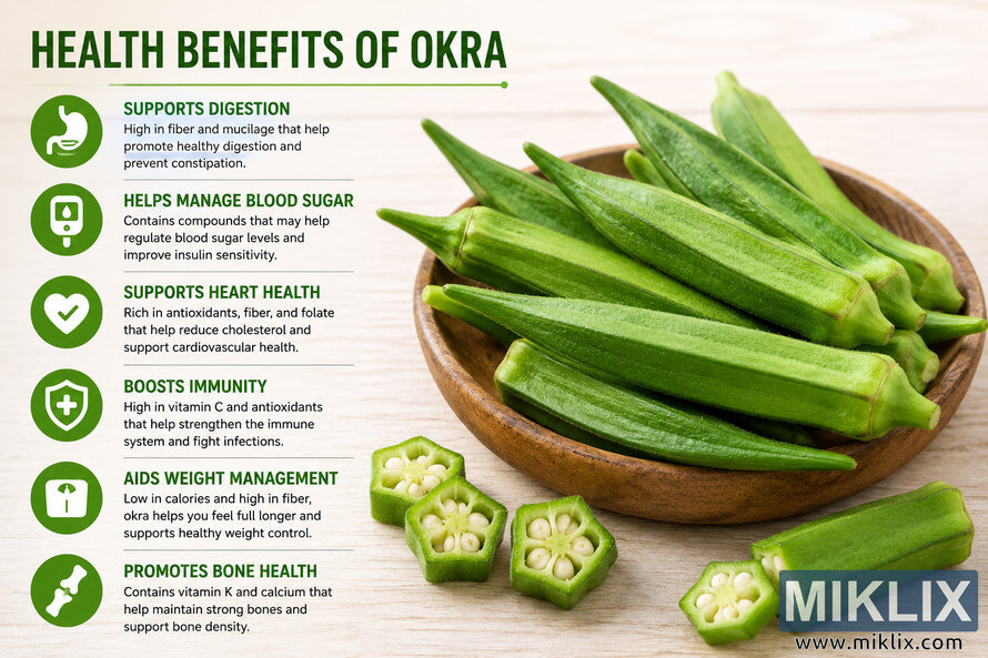 Landscape infographic showing fresh green okra pods in a wooden bowl beside icons and text highlighting several health benefits including digestion, blood sugar management, heart health, immunity, weight management, and bone health. Landscape infographic showing fresh green okra pods in a wooden bowl beside icons and text highlighting several health benefits including digestion, blood sugar management, heart health, immunity, weight management, and bone health.