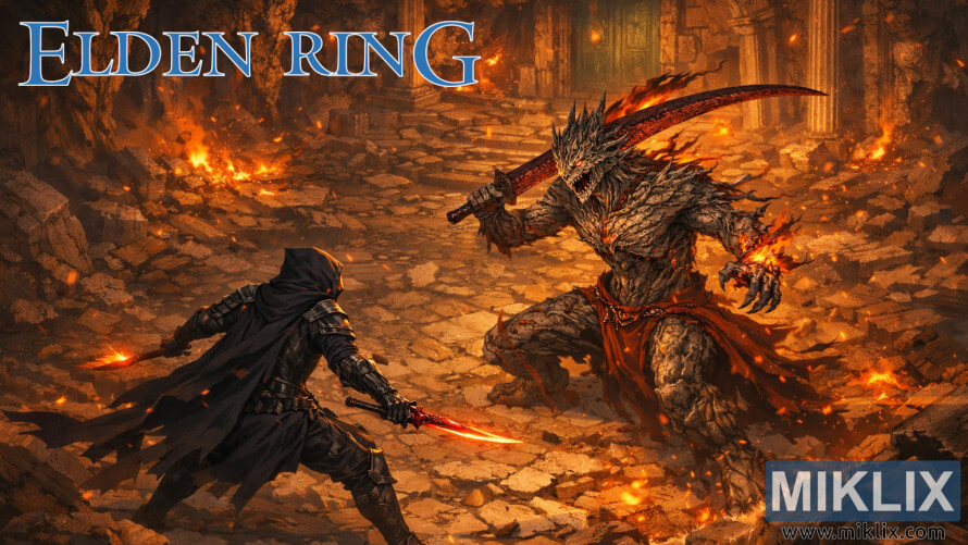 엘든 링의 드래곤 피트에서 검은 칼 갑옷을 입은 타니시드가 고대 용인간과 싸우는 모습을 그린 팬아트입니다.