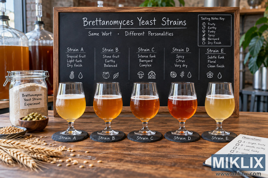 Five Brettanomyces beer samples labeled Strains AâE sit before a chalkboard comparing their fruity, earthy, funky, spicy, and dry tasting characteristics. Five Brettanomyces beer samples labeled Strains AâE sit before a chalkboard comparing their fruity, earthy, funky, spicy, and dry tasting characteristics.